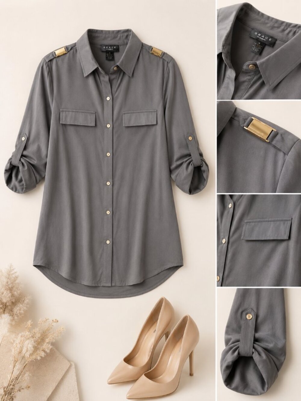 Grace Grey Button Down Top XS S M L NWT